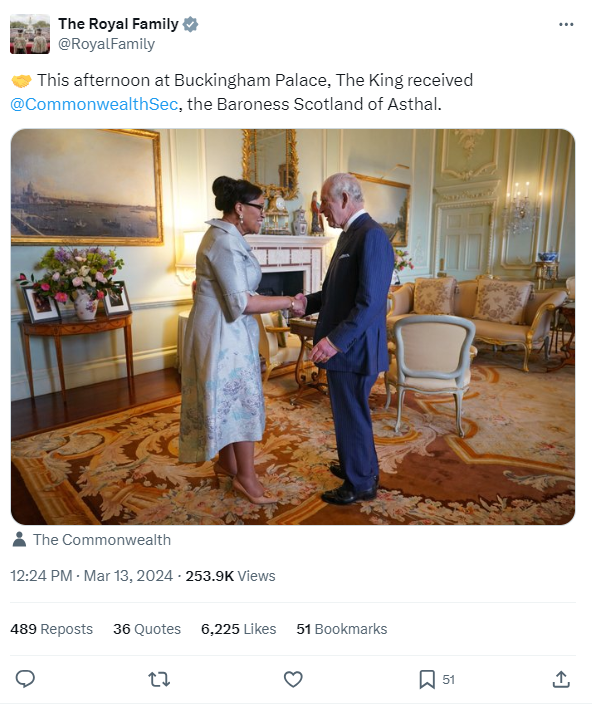 Screenshot of a tweet from The Royal Family's official accoun,t showing a photo of King Charles meeting Baroness Scotland of Asthal