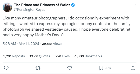 Tweet from The Prince and Princess of Wales official account explaining recent alleged photo editing mishap